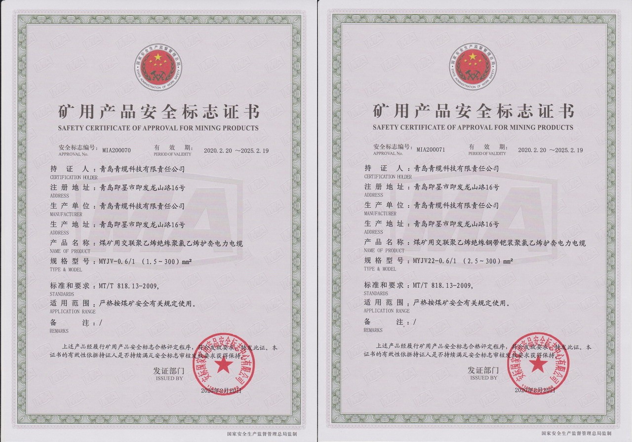 德赢VWIN科技公司矿用电力电缆通过煤安认证(图1) 德赢VWIN科技公司矿用电力电缆通过煤安认证(图1)